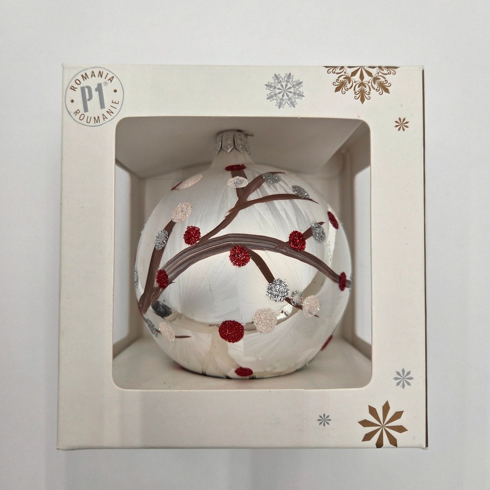 Pier‎ 1 NEW European Glass Hand Blown & Painted Ornament White Holly Branch